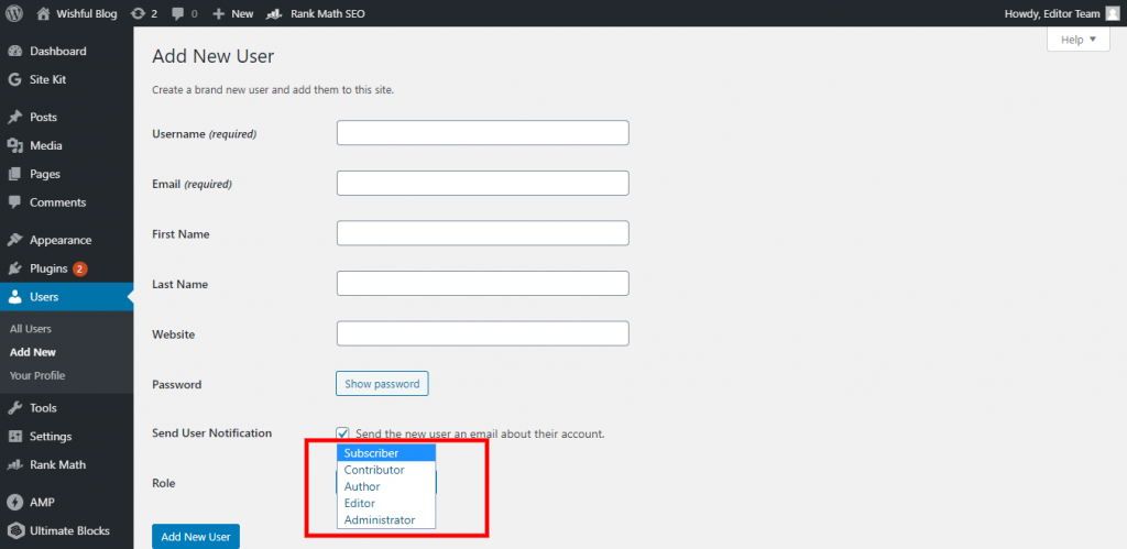 role add a new user in the WordPress